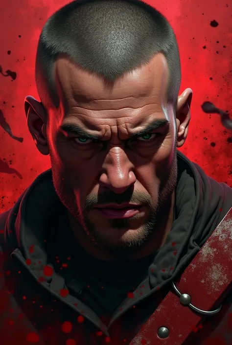 A male action warriors face . the background bloody and scary, he has short hair. He has not any beard.