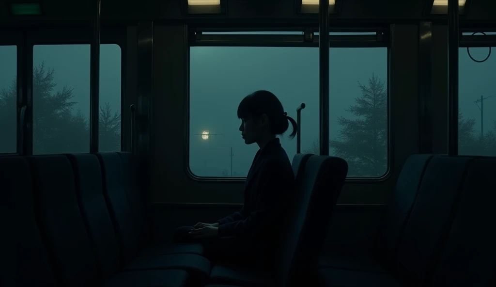 On a train at night, an eerie atmosphere. One customer, a Japanese woman, can be seen in the back of the train.