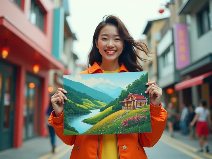 Asian woman in vibrant colored jacket holding large poster of landscape and snack bar