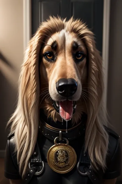 Super Detailed, High Quality, Masterpiece, adult white afghan hound wearing a Black security dog harness and Black leather collar with a badge over its body with human eyes, looking at the viewer with mesmerizing looks, tong out, drooling saliva 