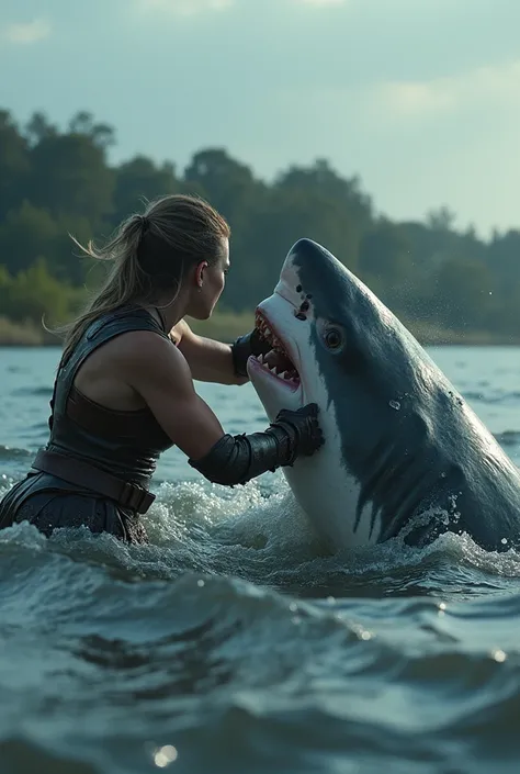 créer moi Une image hyperréaliste et intense dune femme féroce luttant contre un requin géant dans un océan trouble. La femme, vêtue dune armure de cuir complexe, saisit la mâchoire du requin avec une force et une détermination visibles. Le requin est mass...