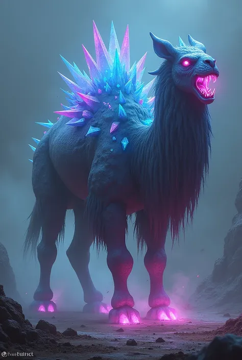 Crystalback Camel Demon: A towering camel with sharp, jagged crystals of vibrant hues—blue, purple, and pink—jutting out from its hump and spine. Its skin is a mix of rocky texture and glowing crystal veins, radiating a haunting light in the muddy wastelan...