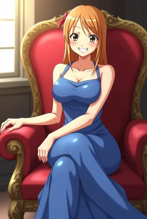 a woman in a blue dress sitting on a chair with a red bow, nami one piece, nami from one piece, beautiful portrait of nami, from one piece, nami, female anime character, anime visual of a young woman, best anime character design, marin kitagawa fanart, fem...