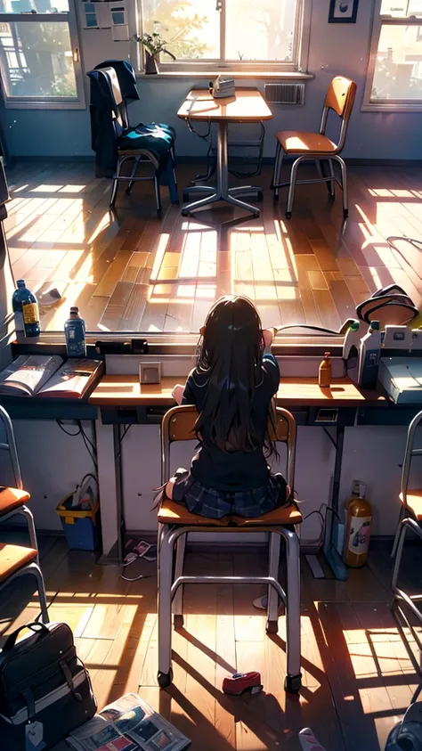 “A small and cozy high school club room in the late afternoon, with warm sunlight streaming through the window, casting long shadows. The room is slightly cluttered with dance shoes, water bottles, and posters pinned to the walls. A few chairs and a table ...