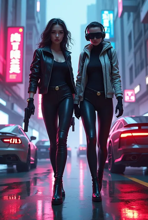 ((high quality)), ((masterpiece)), 8k, 2girls, cars, light rays, extremely detailed CG unity 8k wallpaper, cg game, looking at viewer, gloves, boots, full body, watch , computer, mask, drone, holding gun, headphones, jacket, bag, backpack, cameltoe, neon