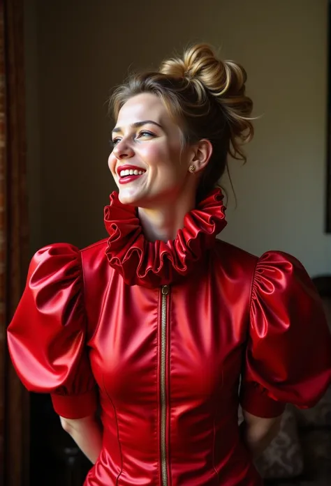 (realistic photograph close up sideways cheerful victorian), (a looking beautiful smiling woman having an orgasm with (messy hair bun)), (she is wearing (an exaggerated elaborate shiny red high neck outfit with (huge puff sleeves), (and a narrow very high ...