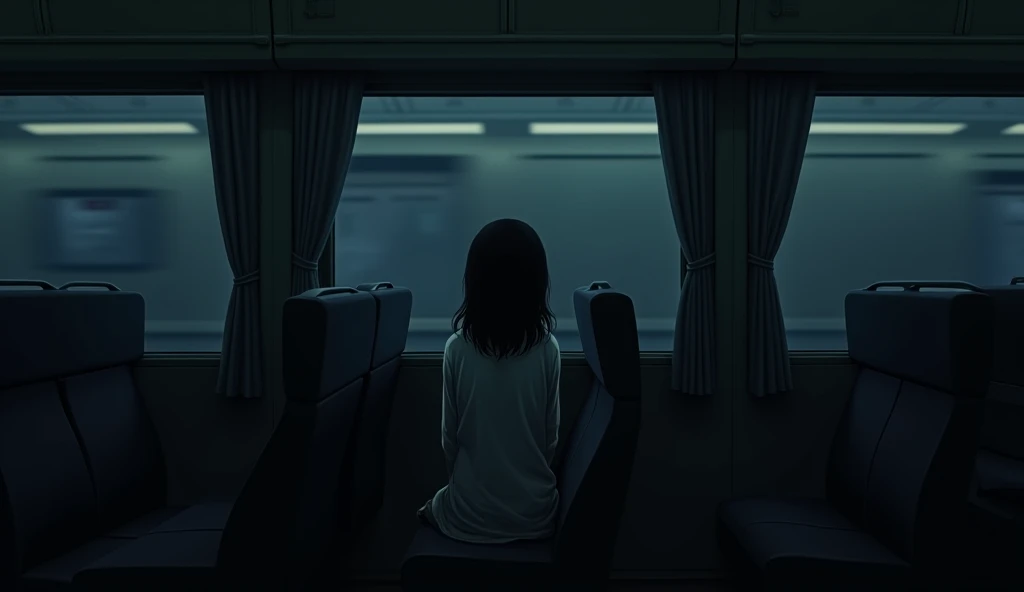 On a train at night, an eerie atmosphere. One customer, a Japanese woman, can be seen in the back of the train.