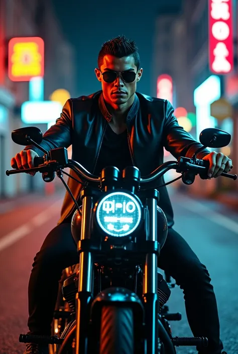 "Create a photorealistic image of Cristiano Ronaldo sitting confidently on a Harley-Davidson motorcycle, reminiscent of the iconic Terminator 1 scene with Arnold Schwarzenegger. Cristiano is wearing a sleek black leather jacket, dark sunglasses, and a dete...