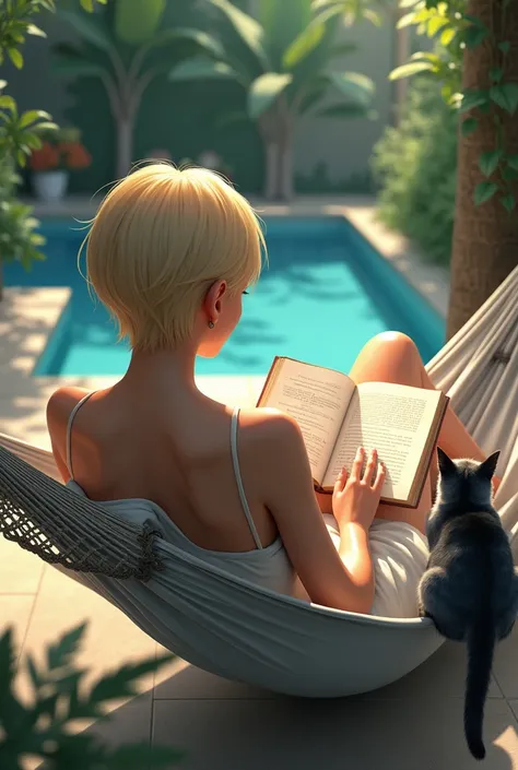 Grey and black cat and a woman from behind with very short golden blonde hair on a hammock reading a book with a pool in the background