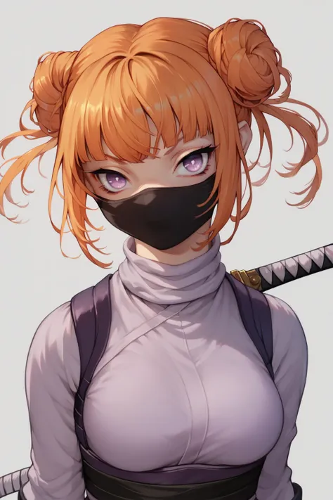 score_9, score_8_up, score_7_up, high resolution, 1girl, looking at viewer, beautiful face, detailed pupils, orange hair, triple bun, fringed bangs, light purple eyes, breasts, ninja mask, ninja outfit, katana