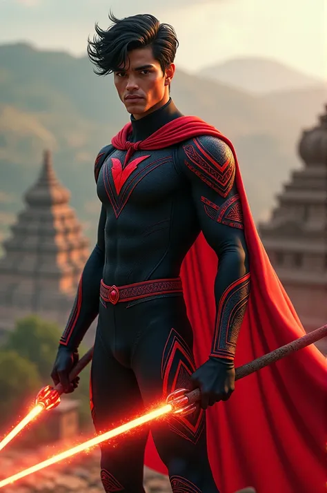 "A modern superhero based in Bhawanipatna, Kalahandi, Odisha. A young, handsome, and fit 25-year-old male with a strong aura of vengeance and justice. He has sharp, defined facial features, wavy black hair, and piercing eyes that radiate intensity. Dressed...