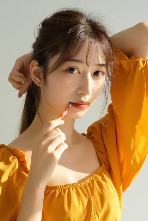 A stunning artistic photo of a cute young Asian woman in a pensive pose, exuding a sense of quiet elegance. Her soft brown hair is loosely tied back into a relaxed ponytail, with gentle waves framing her face and subtle strands cascading naturally. She lif...