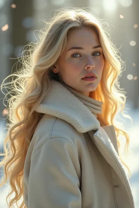 a beautiful white americann woman in an autumn winter coat, in the style of tanya shatseva, colorist, magewave, body extensions, glowwave, soft mist, handsome