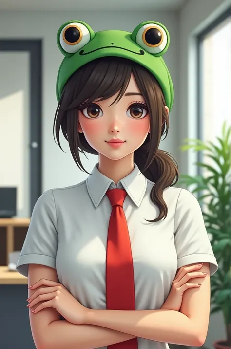 Businesscore art girl that has a white polo shirt and a red neck tie. Wears a cute frog hat