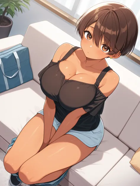 toono mizuki, dark-skinned female, brown eyes, earrings、 1 girl, Alone,      shorts, masterpiece,  top quality ,Big Breasts　　Lean on the sofa　　down　　dutch angle,　shoulder　off、full body, Shota sexually harasses others 　Middle-aged fat otaku 　 man asks her t...