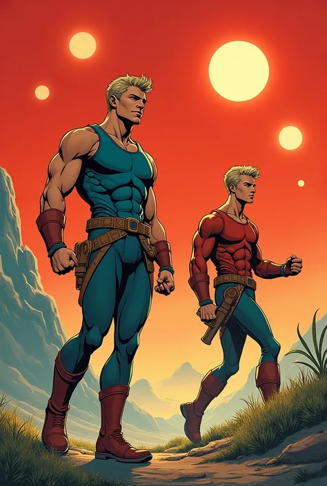 Brothers muscular hunk  Caucasian blond Vaughn Harris aka Awesome Boy 18 years old  and  athletic fit Caucasian blond teen boy Adrien "Dren" Bierce   patrolling planet Zaylene red sky seven moons Comic book art in the style of 1940s Flash Gordon comic stri...