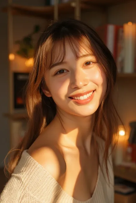 A beautifully lit, close-up photo of a cute young Asian woman radiating warmth and joy. Her soft, glowing complexion is highlighted by the golden-hour lighting streaming through a cozy indoor setting, casting a warm and inviting ambiance. Her long, silky b...