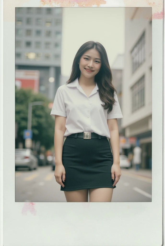 fade polaroid flim: thai woman long hair, smily, white collared shirt short sleeves, belt, short black pencil skirt, standing post, siam square one front
