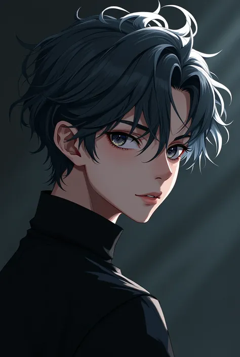 Boy,anime, handsome,dark theme,best quality, drippy,dark grey wavy hair, profile pic, mature, stylish hairstyle, light skin, portrait 