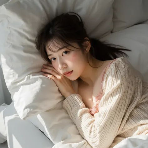 A delicate and artistic photo of a cute young Asian woman lying on a soft bed, exuding a sense of quiet introspection and calm. She is dressed in a cozy cream-colored cardigan with a charming houndstooth pattern, layered over a delicate pink lace-trimmed c...