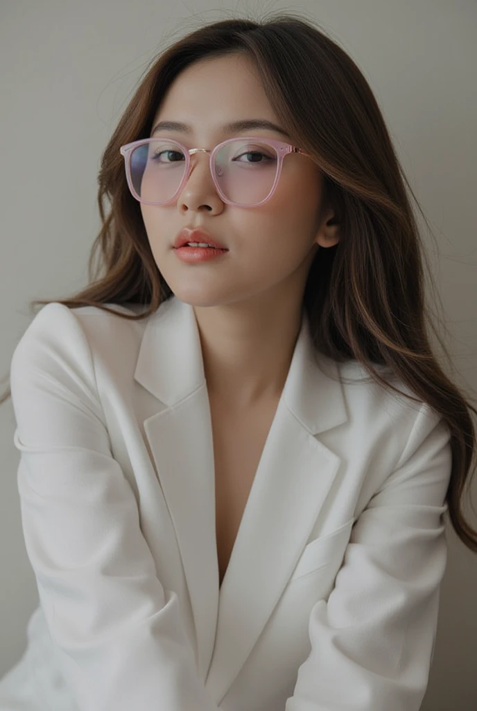 Japan woman sitting on chair with glasses on face, sunglasses, wearing glasses, Urzan, woman with rose-colored glasses, Diravadi Lumrat, wearing thin big round glasses, wearing pink glasses, wearing small round glasses, portrait jiss blackpink, blackpink j...