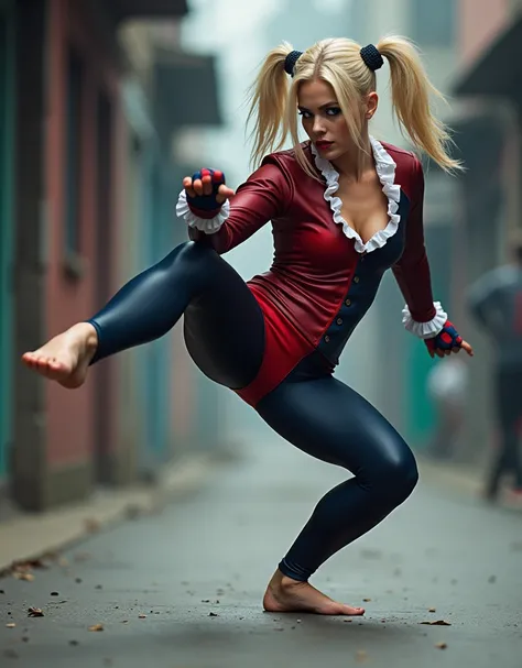 Harley quinn pieds nu fait un yoko geri   de face . Angle de vue depuis le sol 