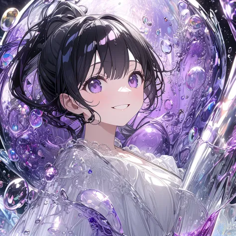   very detailed, 8k, Glass, Water in a Glass, Glassクリスタル, bubble,  Purple Water , Nice,   bright  、 Female Characters 、 smile， Black Ponytail ，  white dress， splash