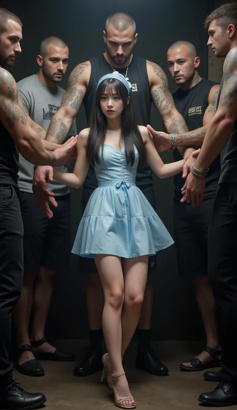 (NSFW), dynamic,
realistic, Press photo, Documentary Technique, Very clear image,HDR,
(full body visible:1.5),
1girl, 3guy,
A Korean beauty idol is captured by a korean gang and surrounded by men who look like theyre ruthless,
The girls are smaller than...