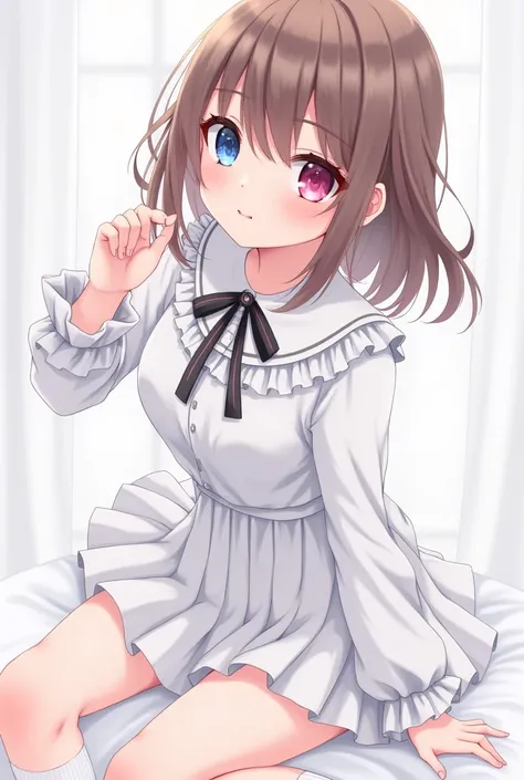 shoulder length brown hair , Blue left eye, Pink right eye, pale skin, long sleeved white blouse with black ribbon,Mini white pleated skirt, white socks, black shoes, anime girl