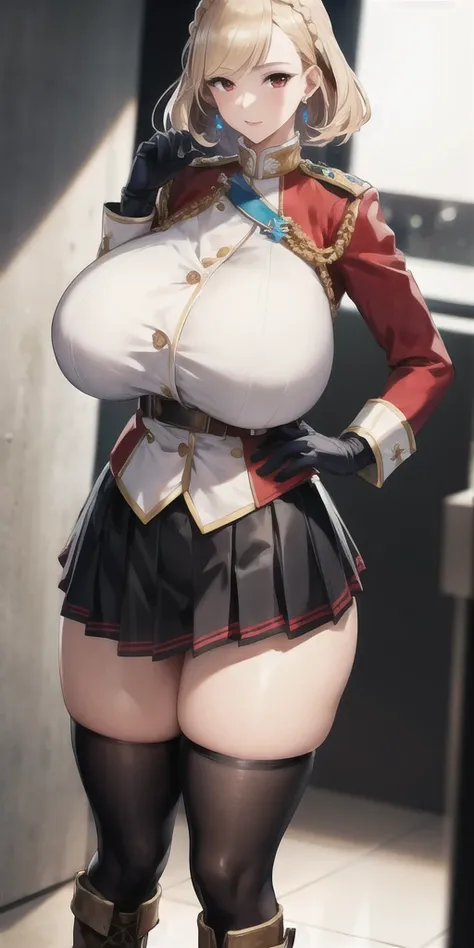 High resolution, Sharp focus, masterpiece, ((Intricate details)), Very detailed, One girl, prince of wales,  (tall),  (stocky build:1.25), (gigantic huge breasts), (thick thigh), cowboy shot, blonde hair,white thighhighs,red eyes,braid,gloves,large breasts...