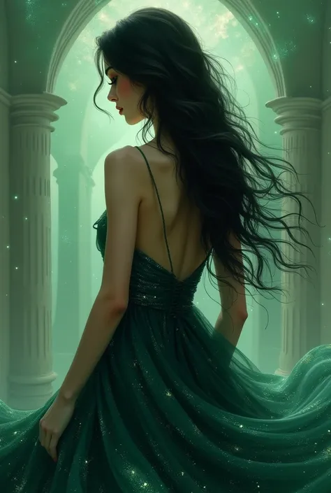 I want you to make me a picture of a girl, from the back. She has long black hair, wearing a dark emerald dress. Its like its fused with green galaxies.