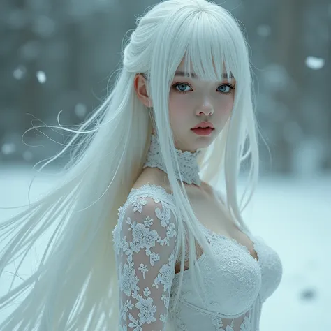 White Hair, White women, White Eyes,  white lace dress , (( top quality )), ((masterpiece)), (  Details),  cyberpunk, Mecha, ((  Japanese girl )),  surreal, Art Nouveau, In Morbiuss depiction style,  anime inspiration, Mysterious,  Big Breasts ,  clevis on...