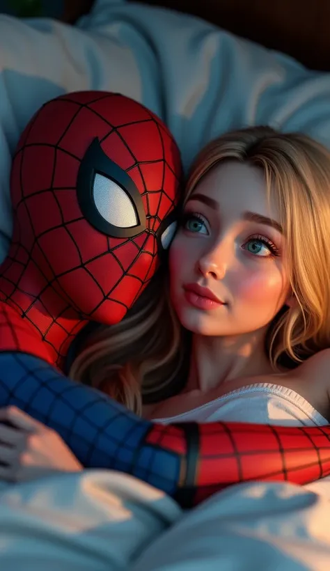 ultra realistic spider-man taking a close up selfie with Gwen (from Ben Ten) in bed