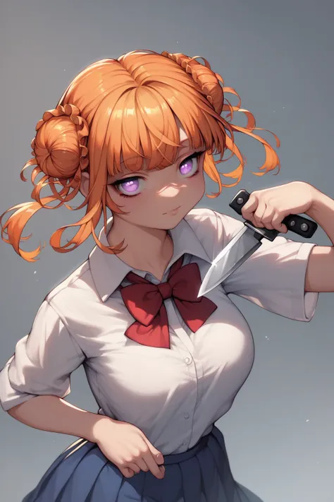 score_9, score_8_up, score_7_up, high resolution, 1girl, looking at viewer, beautiful face, detailed pupils, orange hair, triple bun, fringed bangs, light purple eyes, breasts, knife, school uniform 