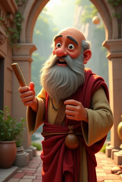 Bald Hippocrates with a curly beard holding a ruler, animated look