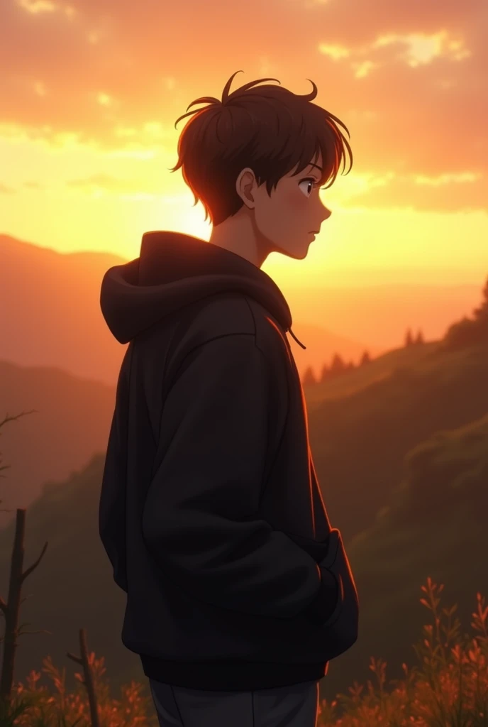 Draw a  boy at sunset in a black sweatshirt