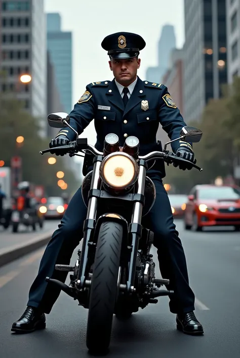 A picture of a man wearing a police uniform is on a motorcycle 