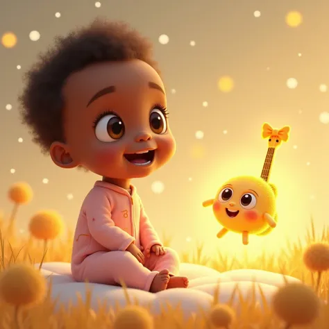 Main Character: SYONA, a one-month-old baby girl with large and bright eyes, milky white skin and tiny soft hair. She is wearing a cute, pastel pink onesie with a tiny, golden musical note pattern.  
Artistic Style: Pixar-like rendering style reminiscent o...