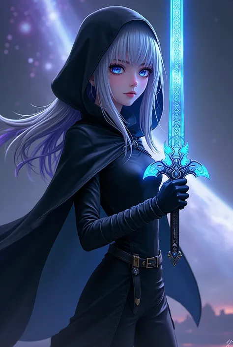 A girl with dark blue eyes and long silver hair with purple highlights wearing black clothes and a balck cloak with a hood holding a magic space sword 