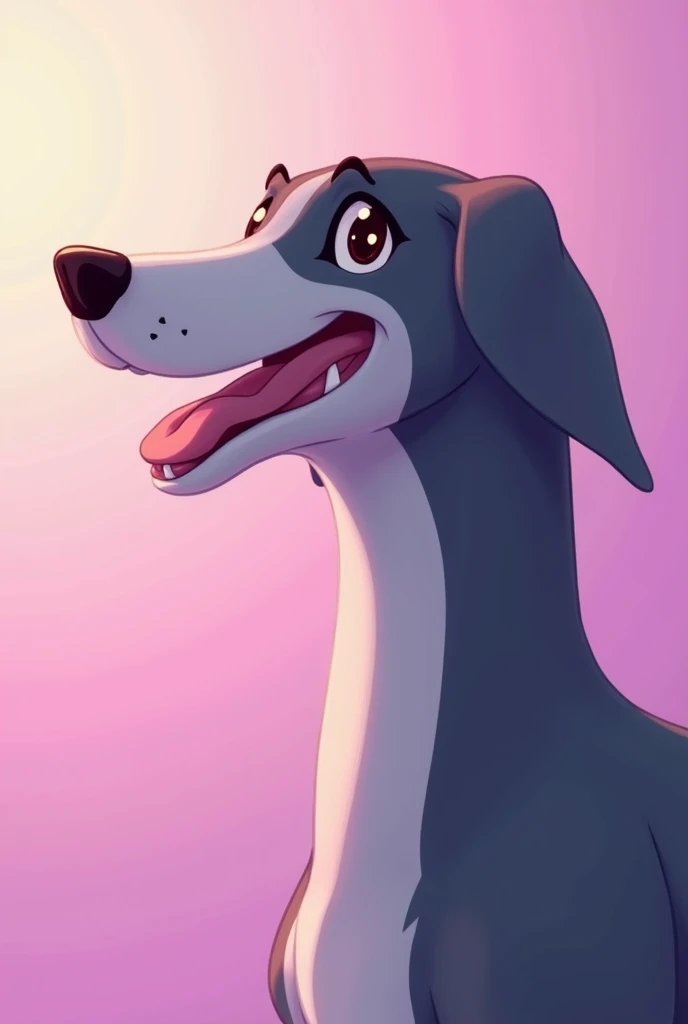 Close-up of the head of a gentle and devoted Persian greyhound, Akira Toriyama style, super detail, pink and purple gradient background, pastel colours, blender, soft light, negative edge lighting , passionate -iw 0.3