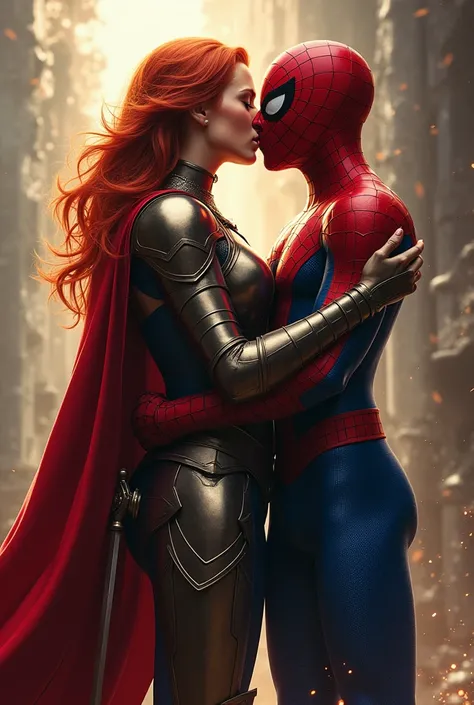 Redhead girl knight kissing a Spiderman 