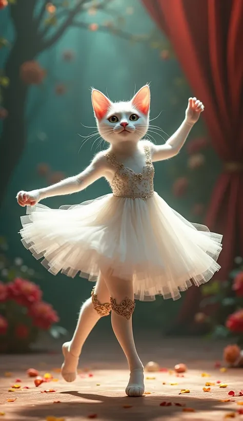 A white female cat wearing white dancing dress standing in dancing on stage and dancing with the help of artificial legs with full of confidence and smiling 
