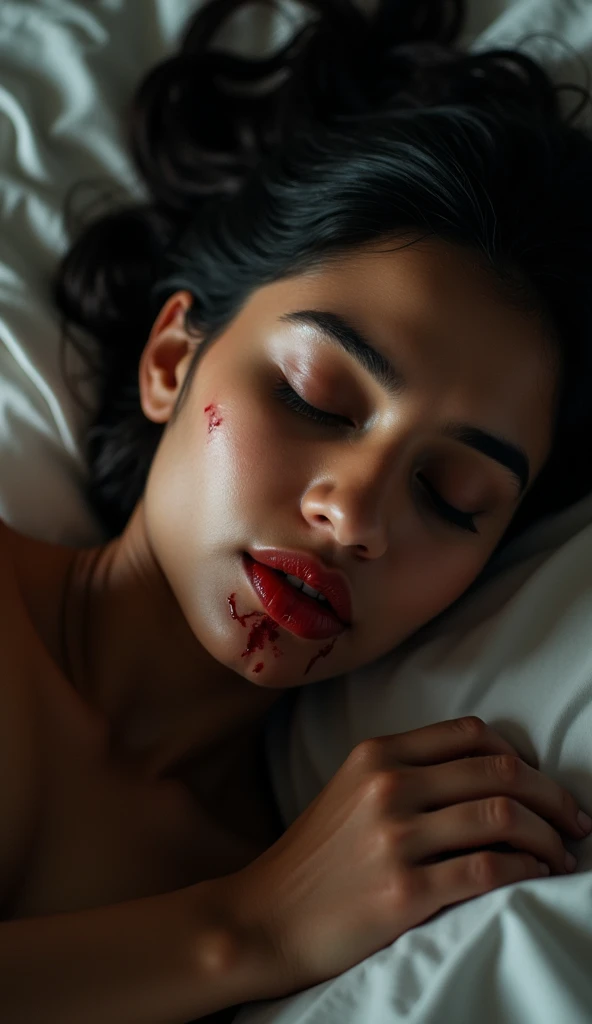 28 year indian girl sleeping with man in unconscious, girl lips damage bleeding, detailed image, detailed face, luxuries bedroom, luxury interior,  cinematic scene, cinematic lighting, ultra realistic, hyper realistic, highly detailed image, Full HD image ...