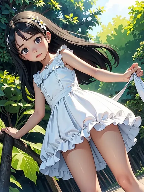 Alone, , loli,pure white panties with ruffles, standing, One piece dress, lift dress, [[[realistic]]], round eyes, oil 　Nsfw skirt slightly comb up legs slightly　 lower angle 　 black hair　garden