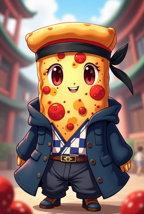 Animated rectangular pizza dressed as Tanjiro