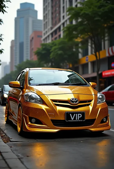 Toyota vios year 2008, decorated in VIP style, gold chrome alloy wheels.