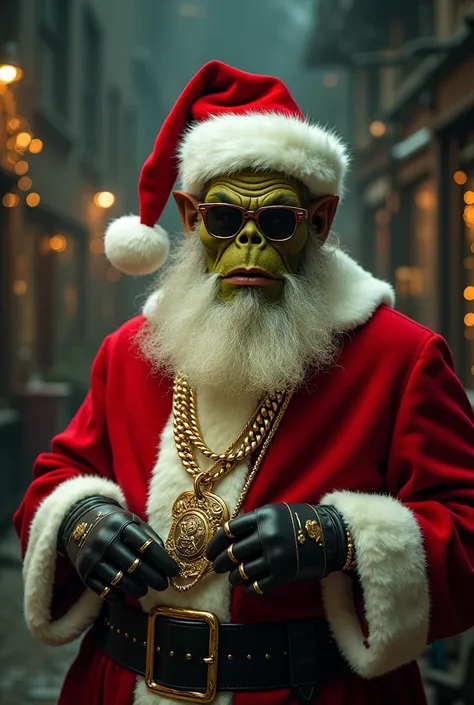 Santa, krampus, grinch, the main character Denis from home alone, the skeleton from the night before Christmas, the elf from the movie elf all dressed up as gangsters with gold chains and rings and in Christmas clothes with the words merry Christmas on the...