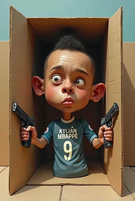  Create a guy with a very very big head and who is stuck in a cardboard, that he has an Mbappe t-shirt and that he has two guns 