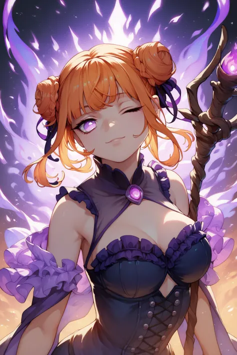 score_9, score_8_up, score_7_up, high resolution, 1girl, looking at viewer, beautiful face, detailed pupils, one eye closed (winking), orange hair, triple bun, fringed bangs, light purple eyes, breasts, dark blue bustier, frontlighting, rainbow background,...