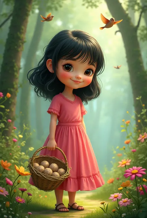  girl, pink dress, big head, , slightly wavy black hair, holding a basket of edible birds nest. There are green trees, grass, flowers, birds.